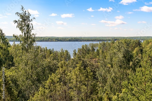 Russia, Lake Ladoga, August 2020. The surroundings of the lake from the height of the cliff on the shore.