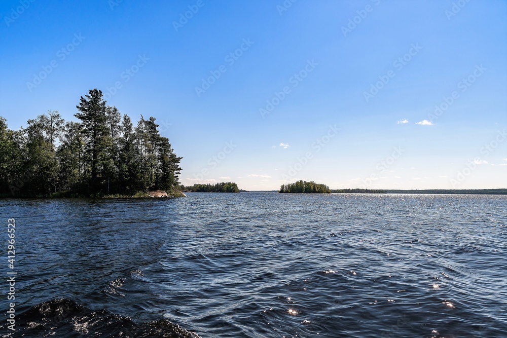 Russia, Lake Ladoga, August 2020. Exit to the open lake from the skerries.