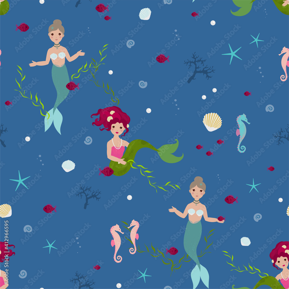 Fototapeta premium Seamless pattern for little princesses with beautiful mermaids, seashells, fish and seahorses