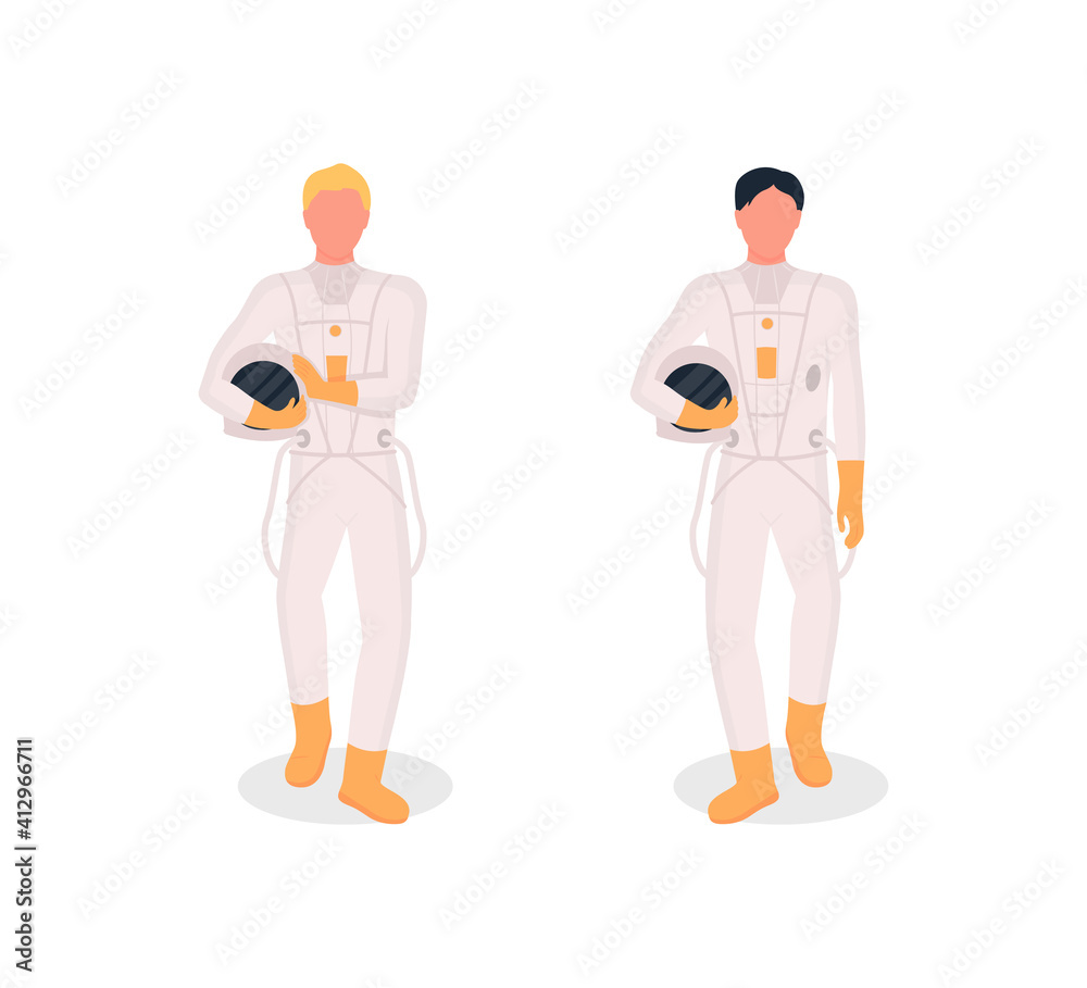 Astronauts flat color vector faceless character set. Starting new international space program. Discovering new horizons isolated cartoon illustration for web graphic design and animation collection