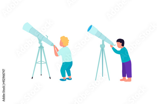 Kids looking into telescope flat color vector faceless character set. Learning new things after school. Children isolated cartoon illustration for web graphic design and animation collection
