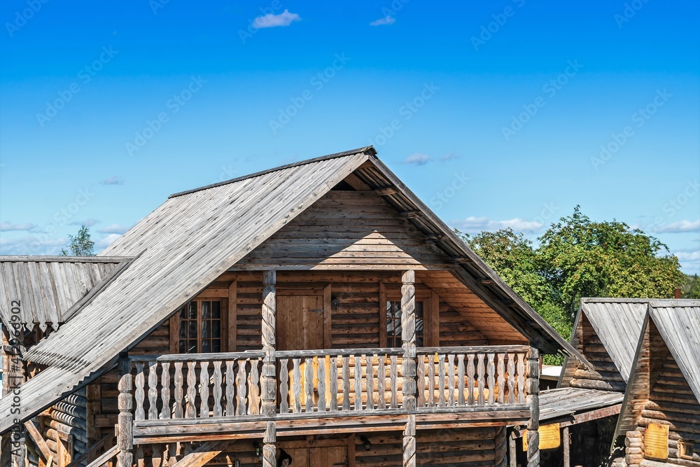 Russia, Priozersk, August 2020. Wooden roofs of a vintage country estate. Russia, Priozersk, August 2020. Wooden roofs of a vintage country estate.