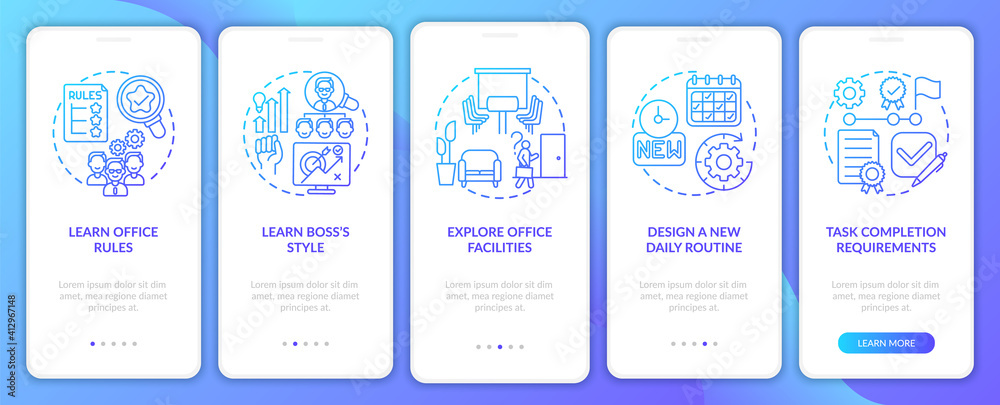 Learning office rules onboarding mobile app page screen with concepts. Tasks requirements of walkthrough 5 steps graphic instructions. UI vector template with RGB color illustrations