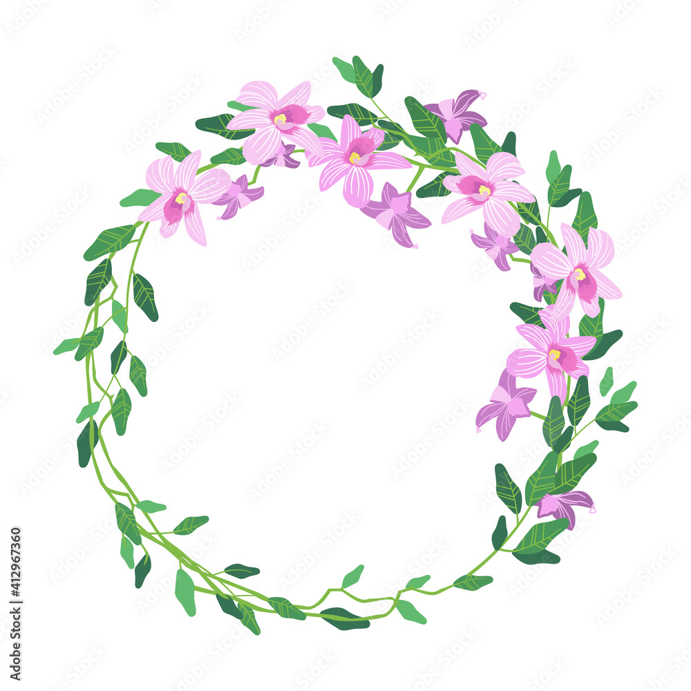 Round frame of flowers and leaves. Orchids. Botanical wreath on a white background for invitations, congratulations, cards, covers, posters, scrapbooking. Vector illustration