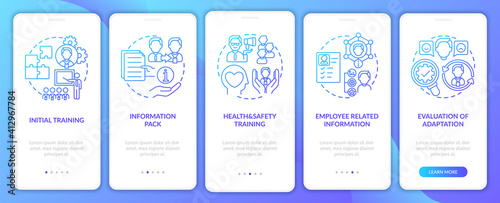 Evaluation of adaptation onboarding mobile app page screen with concepts. Health and safety training walkthrough 5 steps graphic instructions. UI vector template with RGB color illustrations