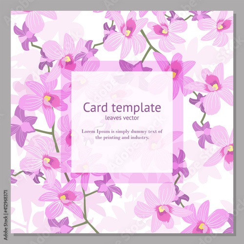 Background with blooming flowers. Spring. Square frame. Orchids. White background. Vector illustration Fresh template for posters, flyers, brochures or vouchers.
