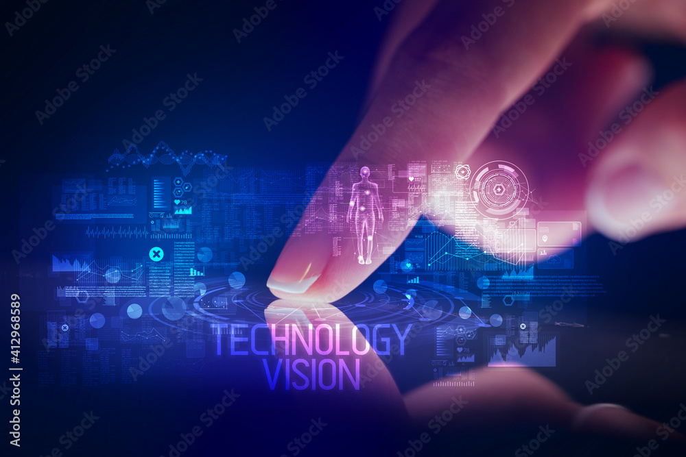 Finger touching tablet with web technology icons and TECHNOLOGY VISION inscription Finger touching tablet with web technology icons and TECHNOLOGY VISION inscription