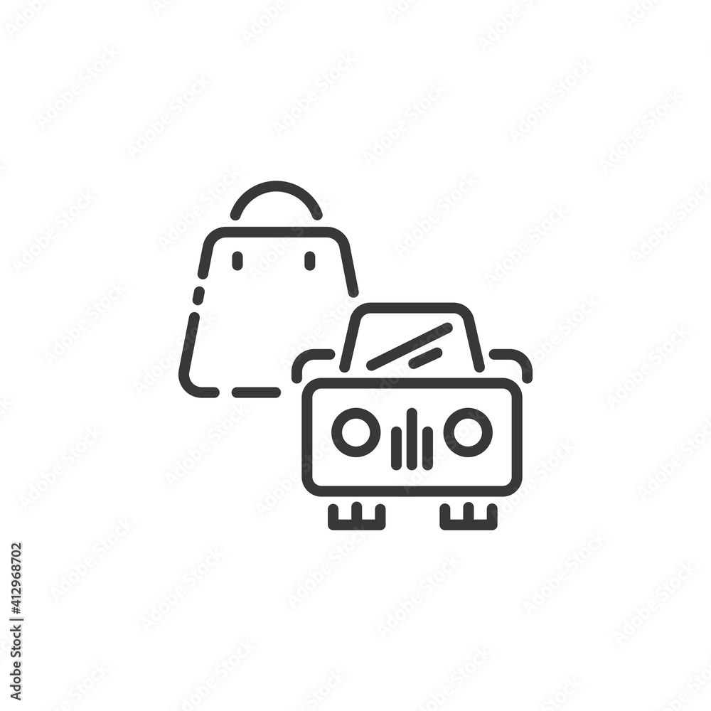 Shopping bag and car thin line icon. Pick up at the store. Outline commerce vector illustration Shopping bag and car thin line icon. Pick up at the store. Outline commerce vector illustration