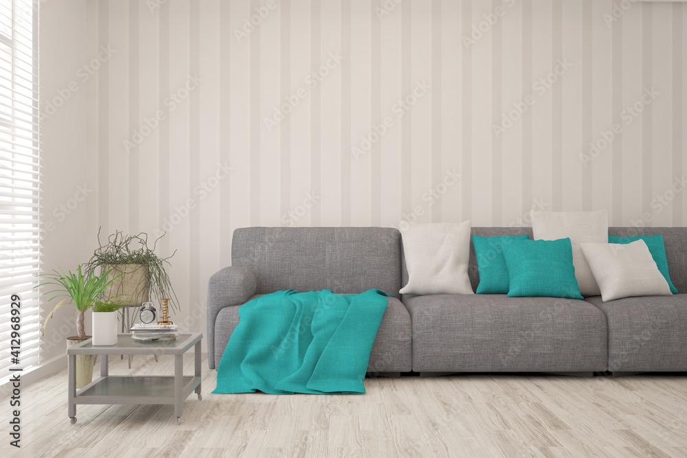 White living room with sofa. Scandinavian interior design. 3D illustration White living room with sofa. Scandinavian interior design. 3D illustration