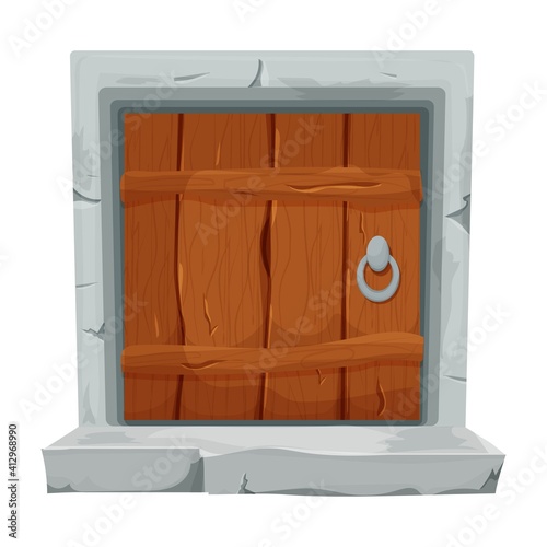Funny wooden door with stone in cartoon style isolated on white background. Small entrance for ui games, assets. Fantasy construction, interior.