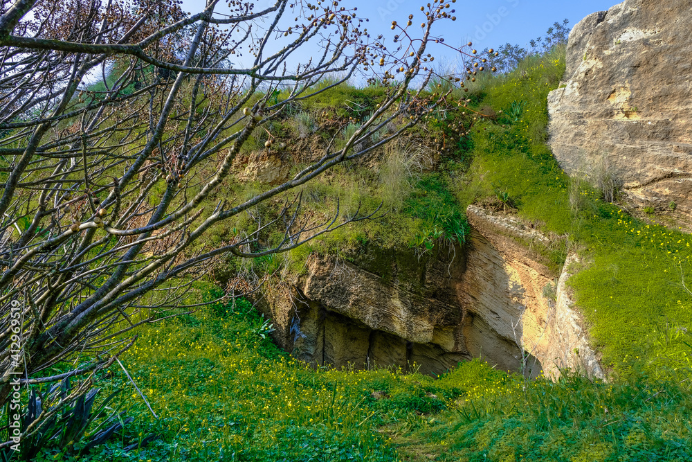 View of a small kurkar sandstone cave in Poleg Nature reserve, located in coastal plain between Herzliya and Netanya, Israel.