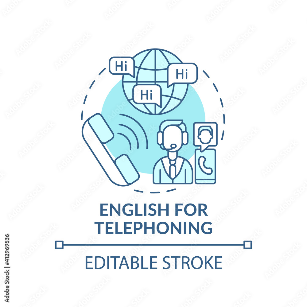 English for telephoning concept icon. Business purpose idea thin line illustration. Everyday work scenarios. Phone conversation. Vector isolated outline RGB color drawing. Editable stroke English for telephoning concept icon. Business purpose idea thin line illustration. Everyday work scenarios. Phone conversation. Vector isolated outline RGB color drawing. Editable stroke