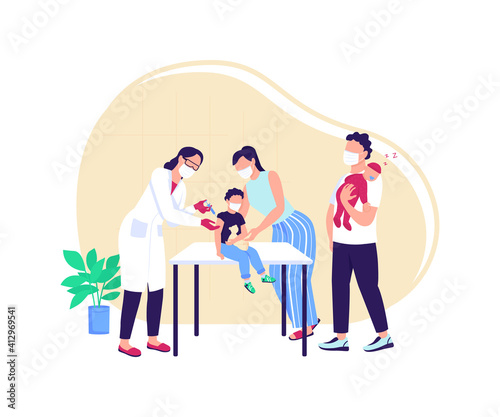 Vaccine injection for children flat concept vector illustration. Covid drug shot. Doctor appointment. Family in hospital 2D cartoon characters for web design. Vaccination creative idea