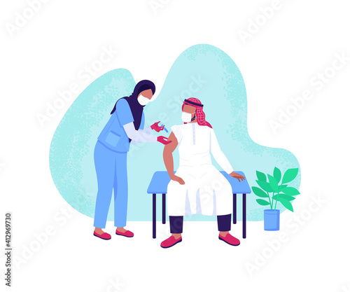 Vaccination process flat concept vector illustration. Injection with syringe. Influenza treatment. Arabian doctor and patient 2D cartoon characters for web design. Covid cure creative idea