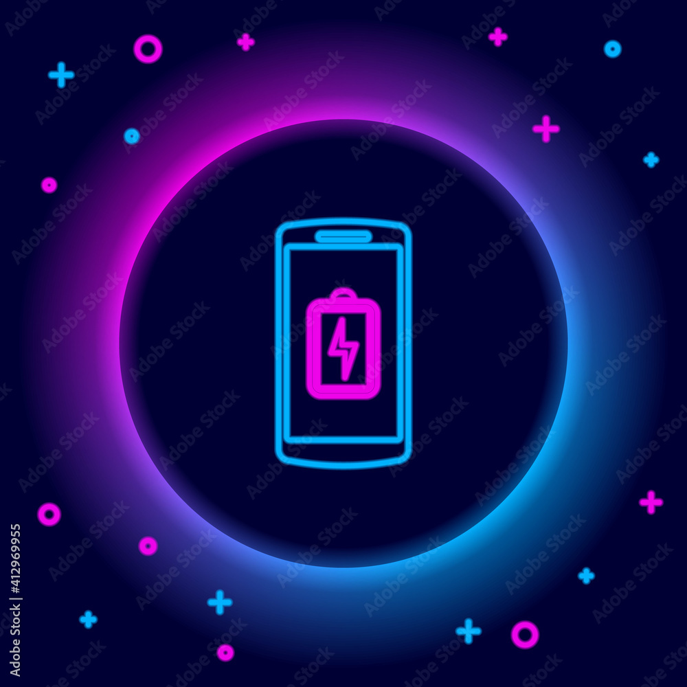 Glowing neon line Smartphone with heart rate monitor function icon isolated on black background. Colorful outline concept. Vector.
