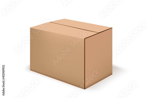 Brown cardboard box. Carton package 3d mockup design vector illustration. Isometric delivery parcel on white background. Side view on empty cargo crates © backup_studio