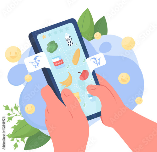 Food delivery application flat concept vector illustration. Ordering groceries right to your home during coronavirus epidemic 2D cartoon object for web design. Safe online shop creative idea