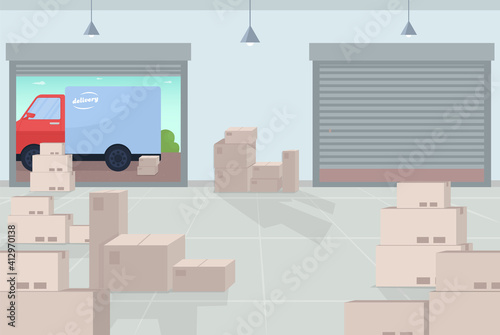 Logistic warehouse flat color vector illustration. Movements of goods and information within warehouses and distribution centers 2D cartoon interior with lots of boxes on background