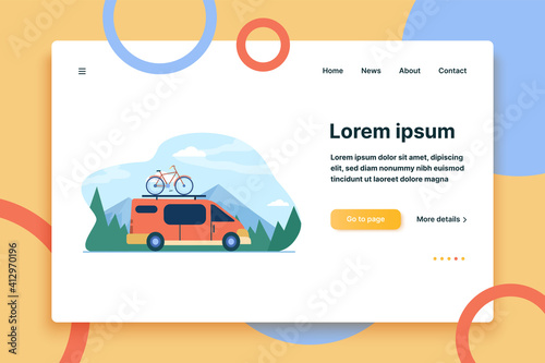 Minivan with bike on top moving in mountain. Vehicle, transport, bicycle trip flat vector illustration. Outdoor activity, adventure travel concept for banner, website design or landing web page
