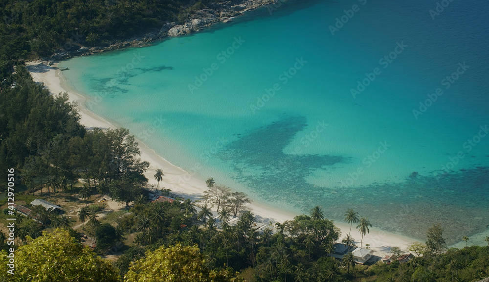 Aerial Tropical paradise sea view from above with clear beach with nobody