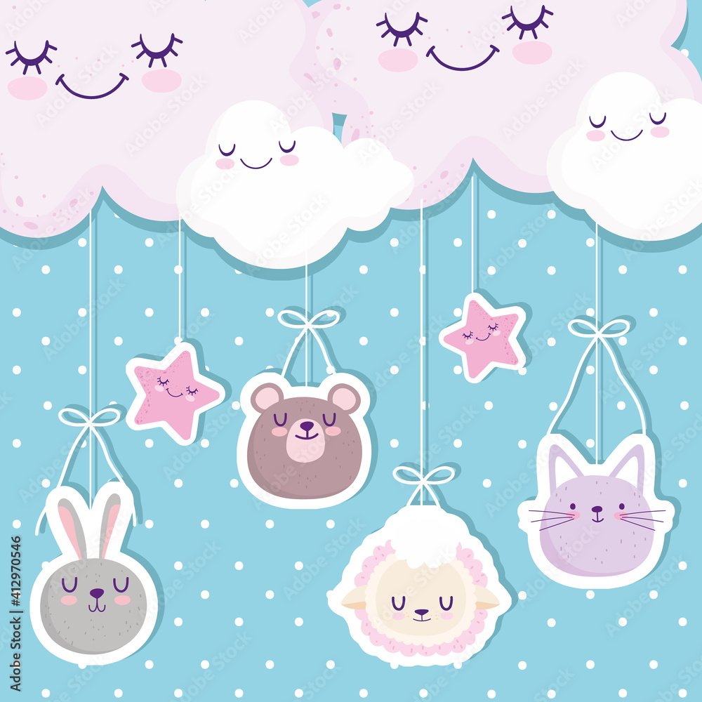 Baby shower cute animals faces clouds stars cartoon