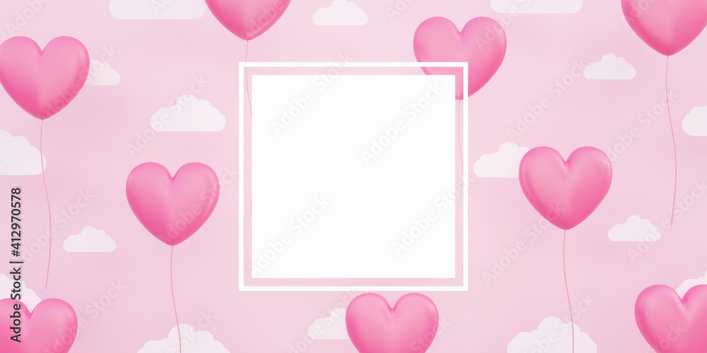 Valentine's day, template for love concept, 3D illustration pink heart shaped balloons floating in the sky with paper cloud, blank space for text and frame, banner background