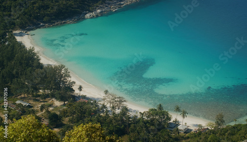 Aerial Tropical paradise sea view from above with clear beach with nobody