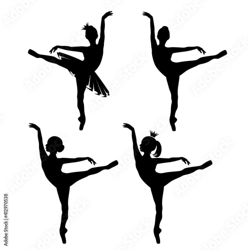 beautiful ballerina girl wearing tutu dress and princess crown - black and white vector silhouette of child practicing classical ballet