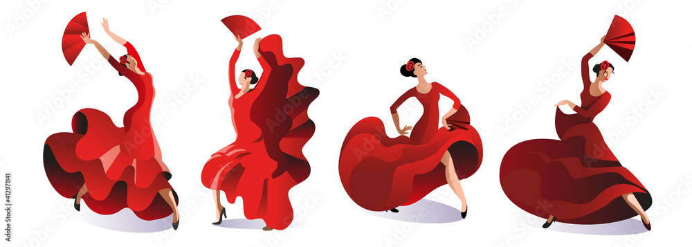 Four women in red dresses with fans dance flamenco. Vector illustration. - obrazy, fototapety, plakaty 