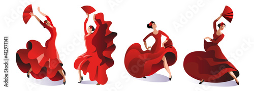 Four women in red dresses with fans dance flamenco. Vector illustration. photo