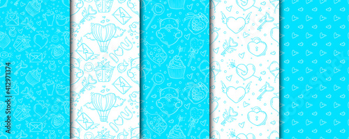 Set of blue seamless patterns with valentines day and love objects in doodle style