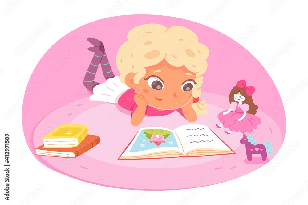 Little girl reading book at home. Happy clever child learning activity vector illustration. Kid lying on floor with books with picture, doll and toy. Bedroom interior background Little girl reading book at home. Happy clever child learning activity vector illustration. Kid lying on floor with books with picture, doll and toy. Bedroom interior background
