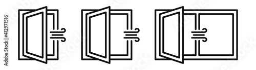 Set of open window with a stream of fresh air. Room ventilation  outline icons. Symbol prevention from coronavirus or covid19.