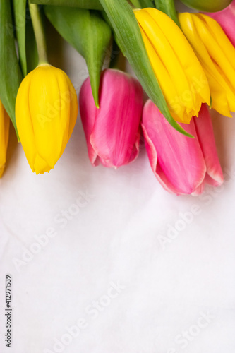 Yellow and pink tulips with green leaves on a white background