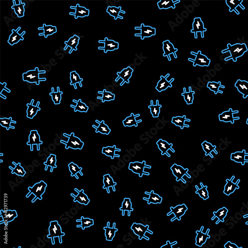 Line Electric plug icon isolated seamless pattern on black background. Concept of connection and disconnection of the electricity. Vector.