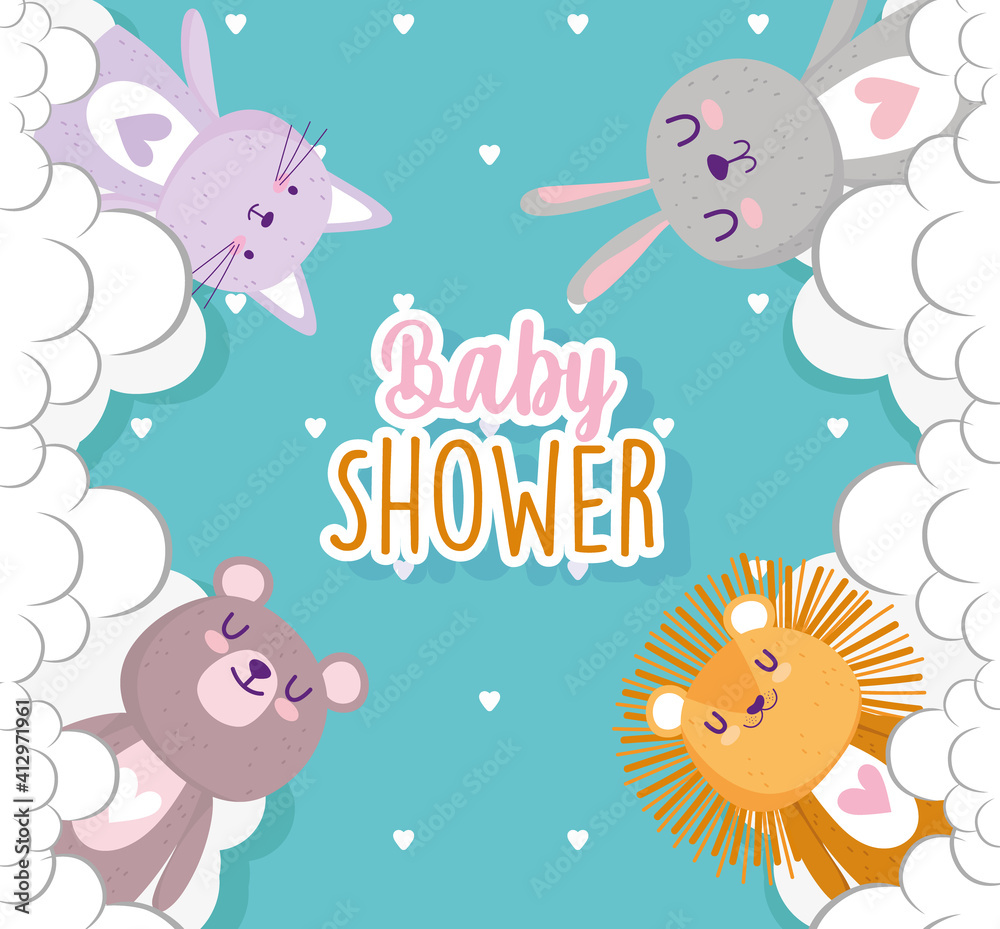 Baby shower, cute animals with clouds celebration