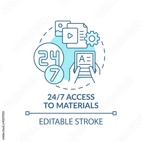 24 to 7 access to materials concept icon. Online language courses idea thin line illustration. Digital learning. Reviewing course material. Vector isolated outline RGB color drawing. Editable stroke