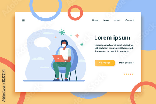 Man in mask using laptop for online chat with doctor. Video call, medical consultation flat vector illustration. Covid, epidemic, help concept for banner, website design or landing web page