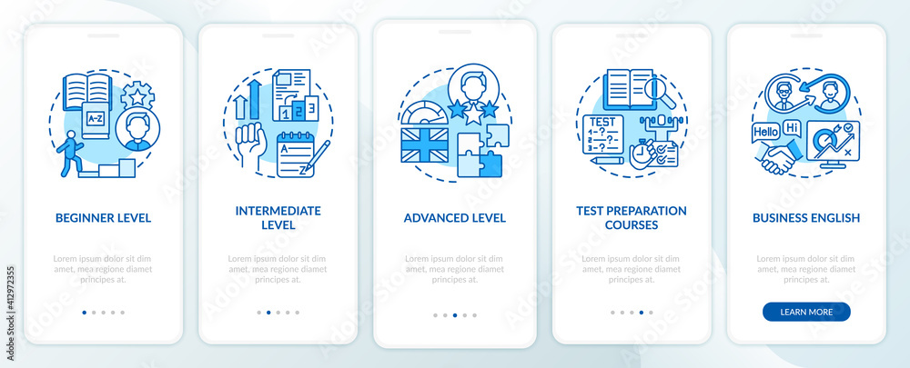 Language learning stages onboarding mobile app page screen with concepts. Elementary, intermediate, advanced walkthrough 5 steps graphic instructions. UI vector template with RGB color illustrations