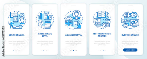 Language learning stages onboarding mobile app page screen with concepts. Elementary, intermediate, advanced walkthrough 5 steps graphic instructions. UI vector template with RGB color illustrations