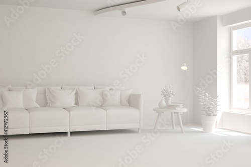 White minimalist living room with sofa. Scandinavian interior design. 3D illustration