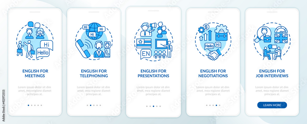 Business english aims onboarding mobile app page screen with concepts. Conferences, presentations, interviews walkthrough 5 steps graphic instructions. UI vector template with RGB color illustrations Business english aims onboarding mobile app page screen with concepts. Conferences, presentations, interviews walkthrough 5 steps graphic instructions. UI vector template with RGB color illustrations