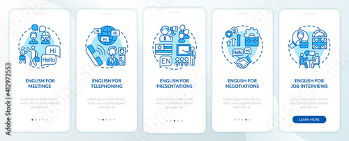 Business english aims onboarding mobile app page screen with concepts. Conferences, presentations, interviews walkthrough 5 steps graphic instructions. UI vector template with RGB color illustrations