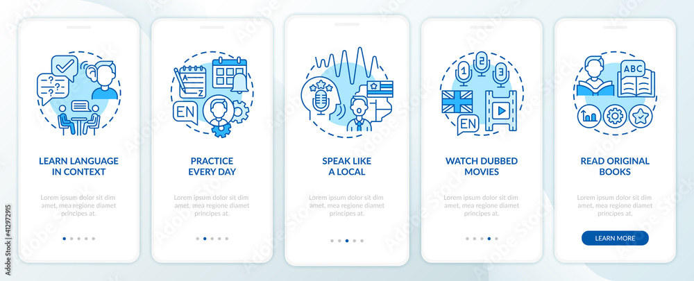 Learning language advices onboarding mobile app page screen with concepts. Language in context, subtitles walkthrough 5 steps graphic instructions. UI vector template with RGB color illustrations