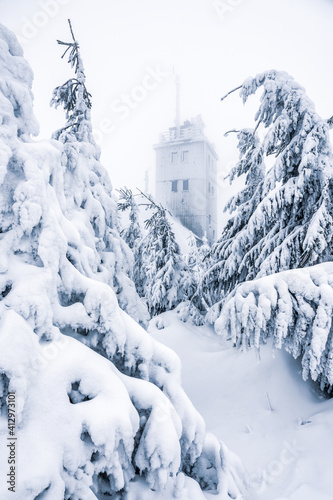 Winter wonderland on the Fichtelberg, Germany. Fichtelberg weather station,