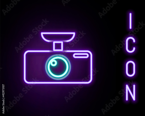 Glowing neon line Car DVR icon isolated on black background. Car digital video recorder icon. Colorful outline concept. Vector.