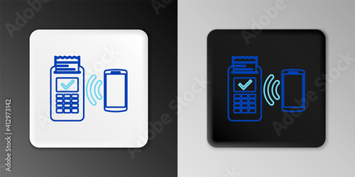 Line POS terminal with printed reciept and confirms the payment by smartphone icon isolated on grey background. NFC payment concept. Colorful outline concept. Vector.