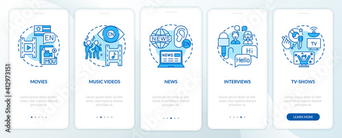 Video for language learning onboarding mobile app page screen with concepts. Movies, newspapers, interviews walkthrough 5 steps graphic instructions. UI vector template with RGB color illustrations