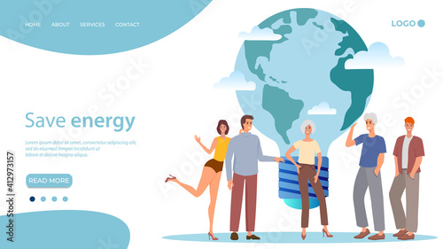 Save energy.People and planet Earth in the shape of a light bulb.The concept of energy saving environmental protection and eco-friendly fuel.Flat vector illustration.