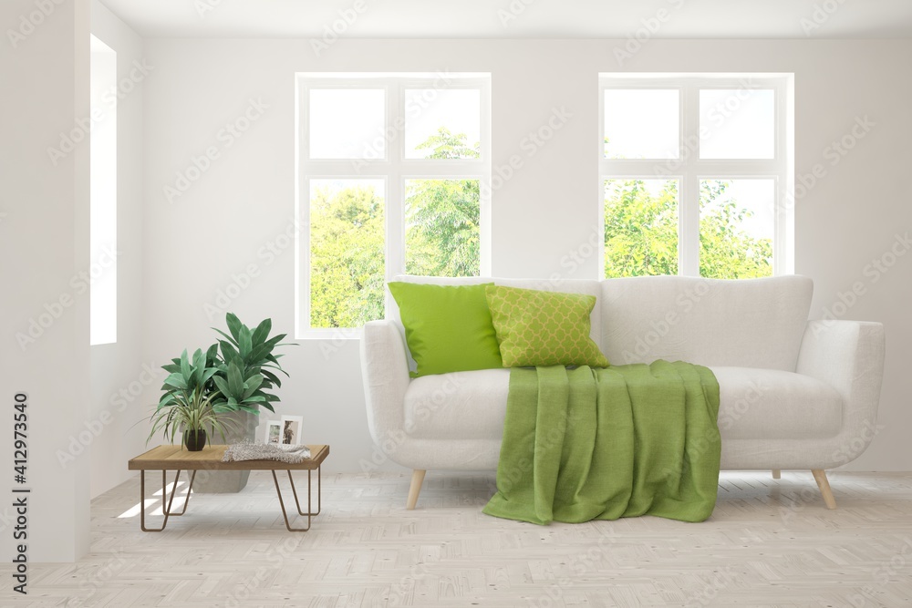 Fototapeta premium White living room with sofa and summer landscape in window. Scandinavian interior design. 3D illustration